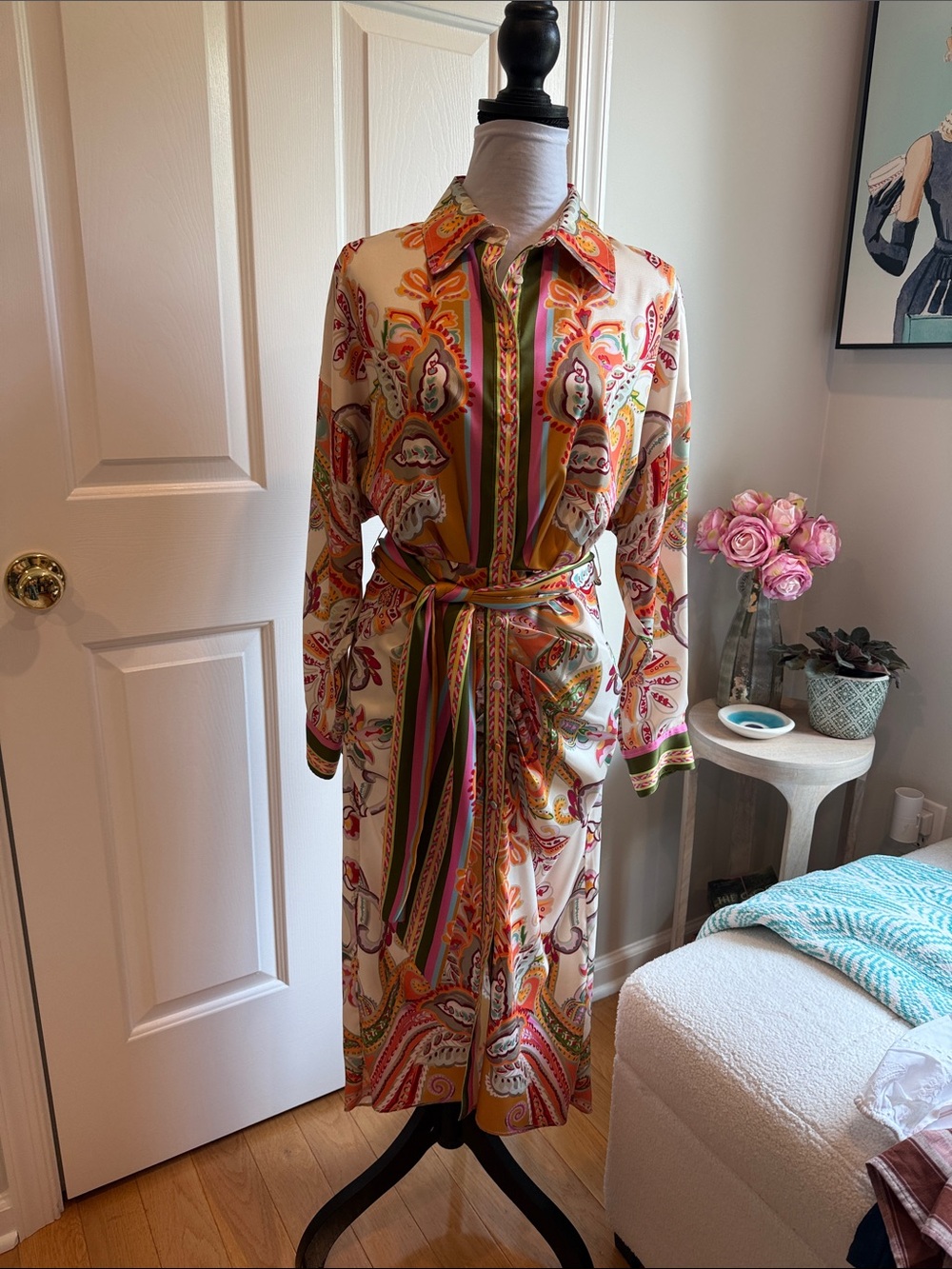 NWT ANTONIO MELANI Cream Paisley & Multicolor Stripe Tie-Waist Shirt Dress